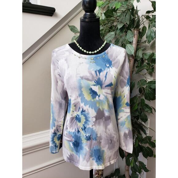 Alfred Dunner Blouse Top Womens Large Multi Floral Beaded Round Neck Pullover - Picture 1 of 11